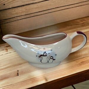 Royal Seasons Stoneware Snowman Gravy Boat Dinnerware 10" L Christmas Vintage